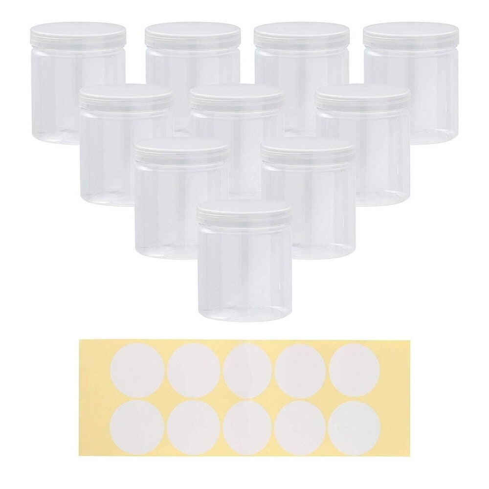 10 Plastic Storage Jars w/ Screw-on Lids 10 Labels, Refillable Container, 8 OZ