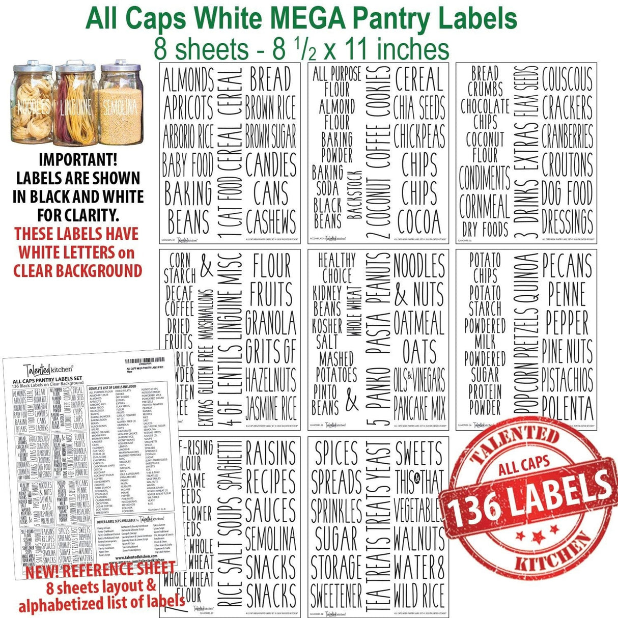 136 PCS Pantry Organizer Label Stickers for Spice Kitchen Organizer White Script