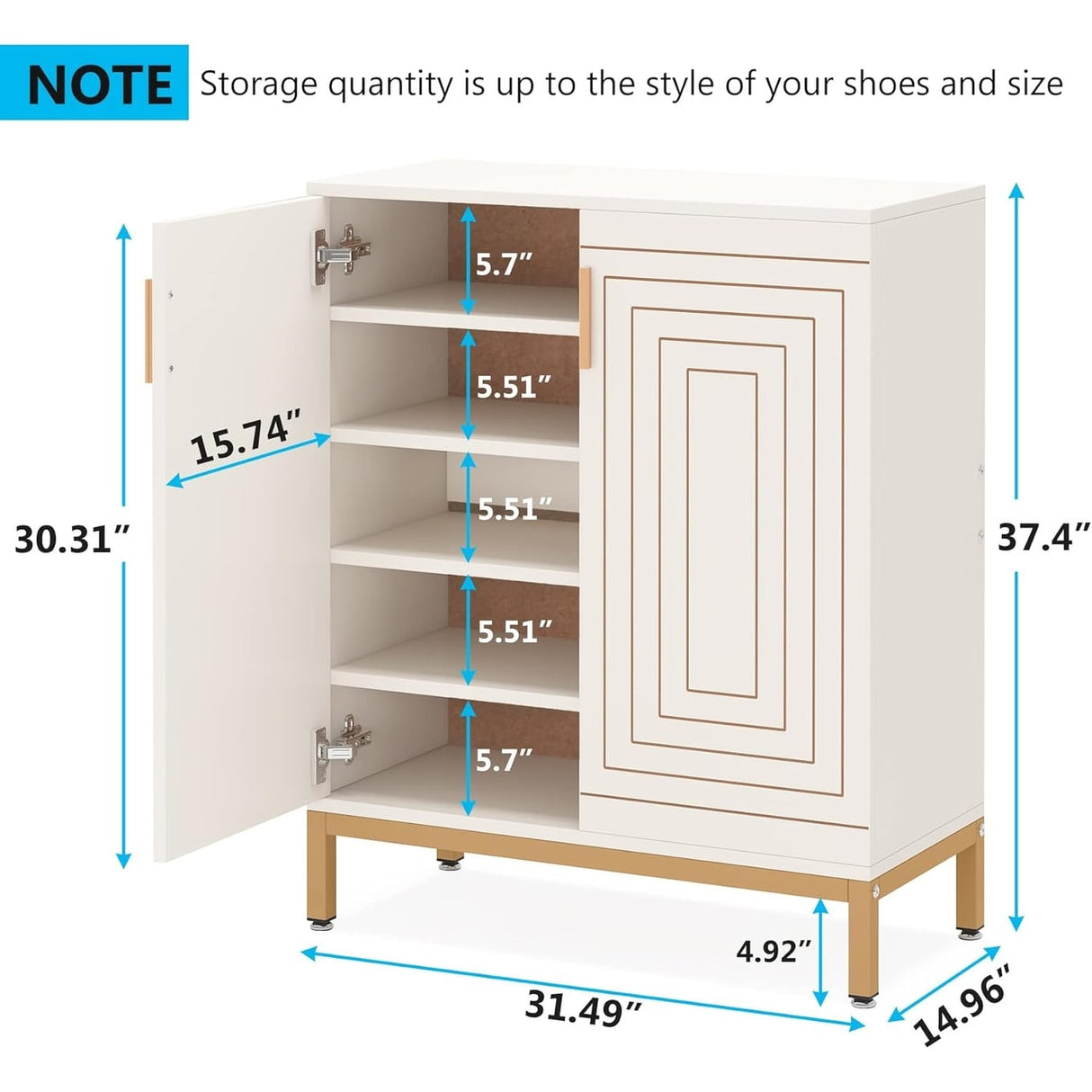 20 Pairs Shoe Cabinet, 37.4 Inch Modern Shoe Storage Cabinet with Doors, White & Gold