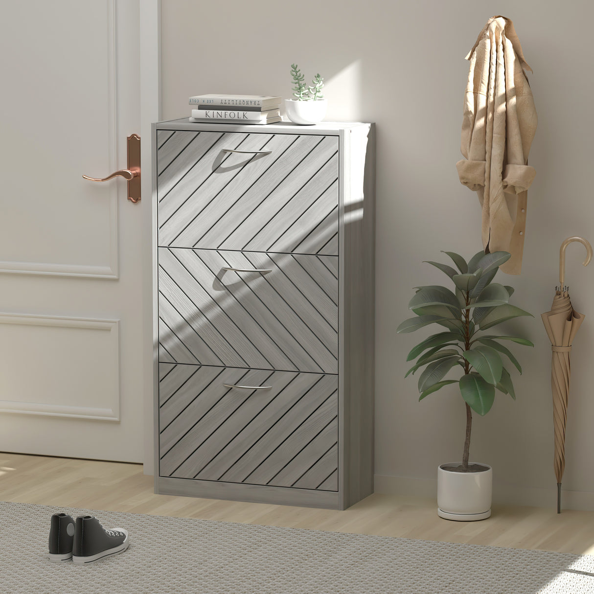 22.4" Shoe Storage Cabinet with 3 Flip Drawers Wood/ Grey by Kerrogee