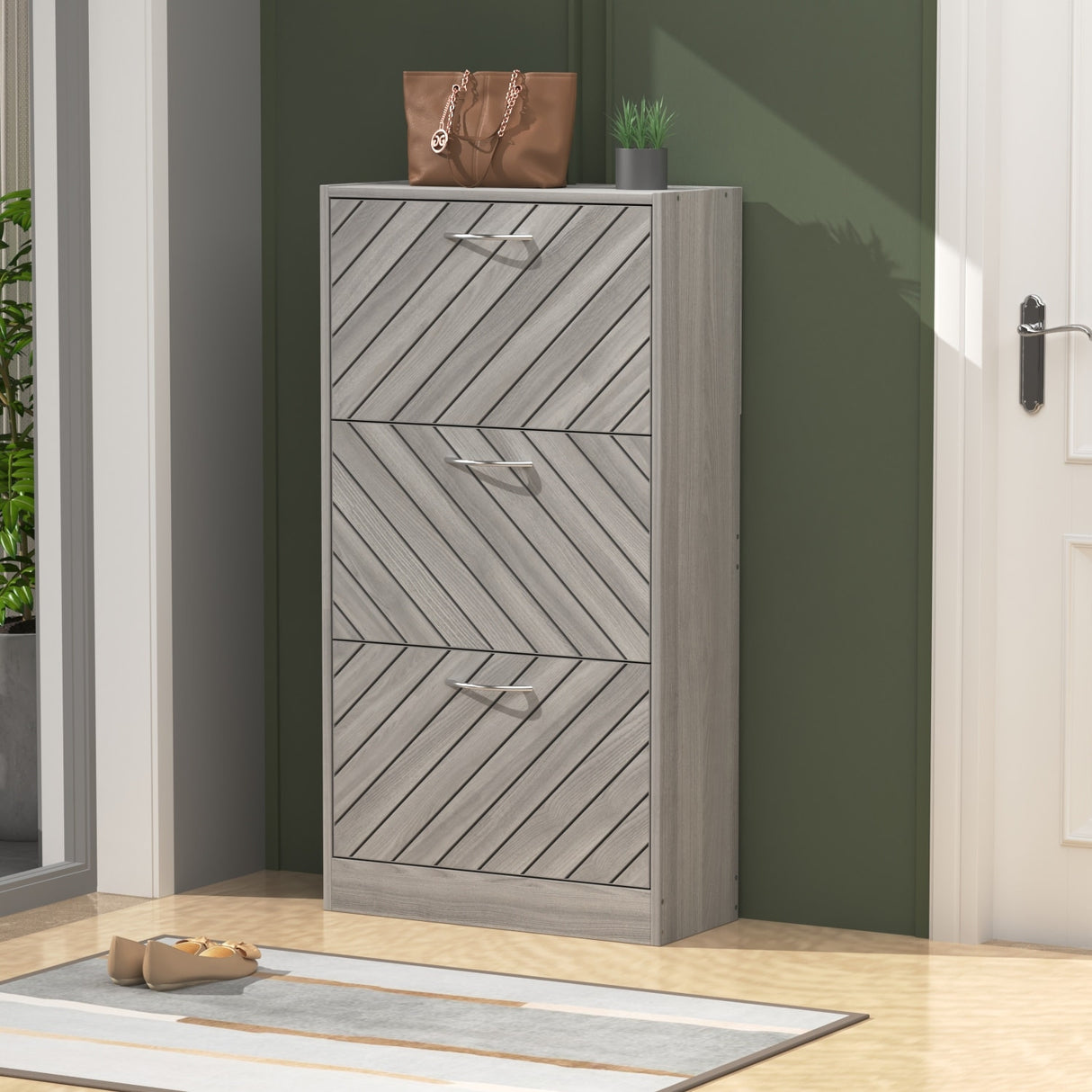 22.4" Shoe Storage Cabinet with 3 Flip Drawers Wood/ Grey by Kerrogee