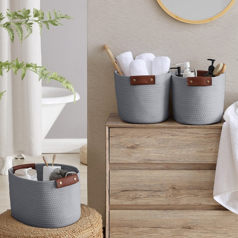 3 Pack Woven Cotton Rope Shelf Storage Basket with Leather Handles, Baby Nursery Storage Bin Organizers, Closet Shelf Storage