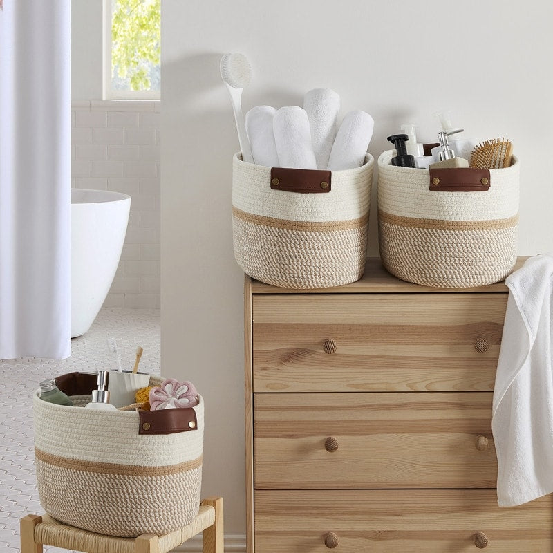 3 Pack Woven Cotton Rope Shelf Storage Basket with Leather Handles, Baby Nursery Storage Bin Organizers, Closet Shelf Storage