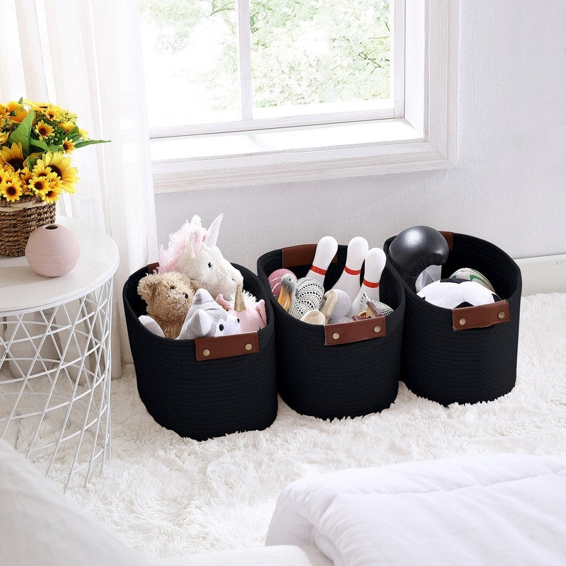 3 Pack Woven Cotton Rope Shelf Storage Basket with Leather Handles, Baby Nursery Storage Bin Organizers, Closet Shelf Storage