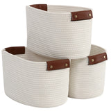 3 Pack Woven Cotton Rope Shelf Storage Basket with Leather Handles, Baby Nursery Storage Bin Organizers, Closet Shelf Storage