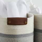 3 Pack Woven Cotton Rope Shelf Storage Basket with Leather Handles, Baby Nursery Storage Bin Organizers, Closet Shelf Storage