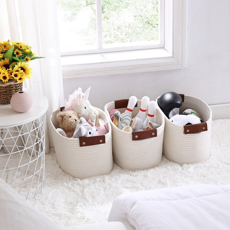 3 Pack Woven Cotton Rope Shelf Storage Basket with Leather Handles, Baby Nursery Storage Bin Organizers, Closet Shelf Storage