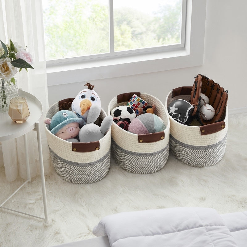 3 Pack Woven Cotton Rope Shelf Storage Basket with Leather Handles, Baby Nursery Storage Bin Organizers, Closet Shelf Storage