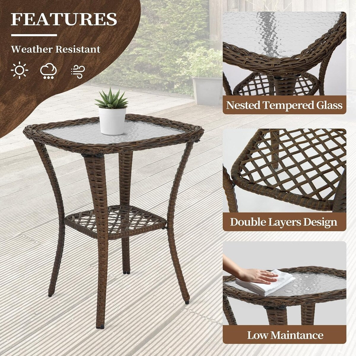 Outdoor Patio Furniture Conversation Set, 3 Pieces PE Rattan Wicker Chairs with Table for Porch