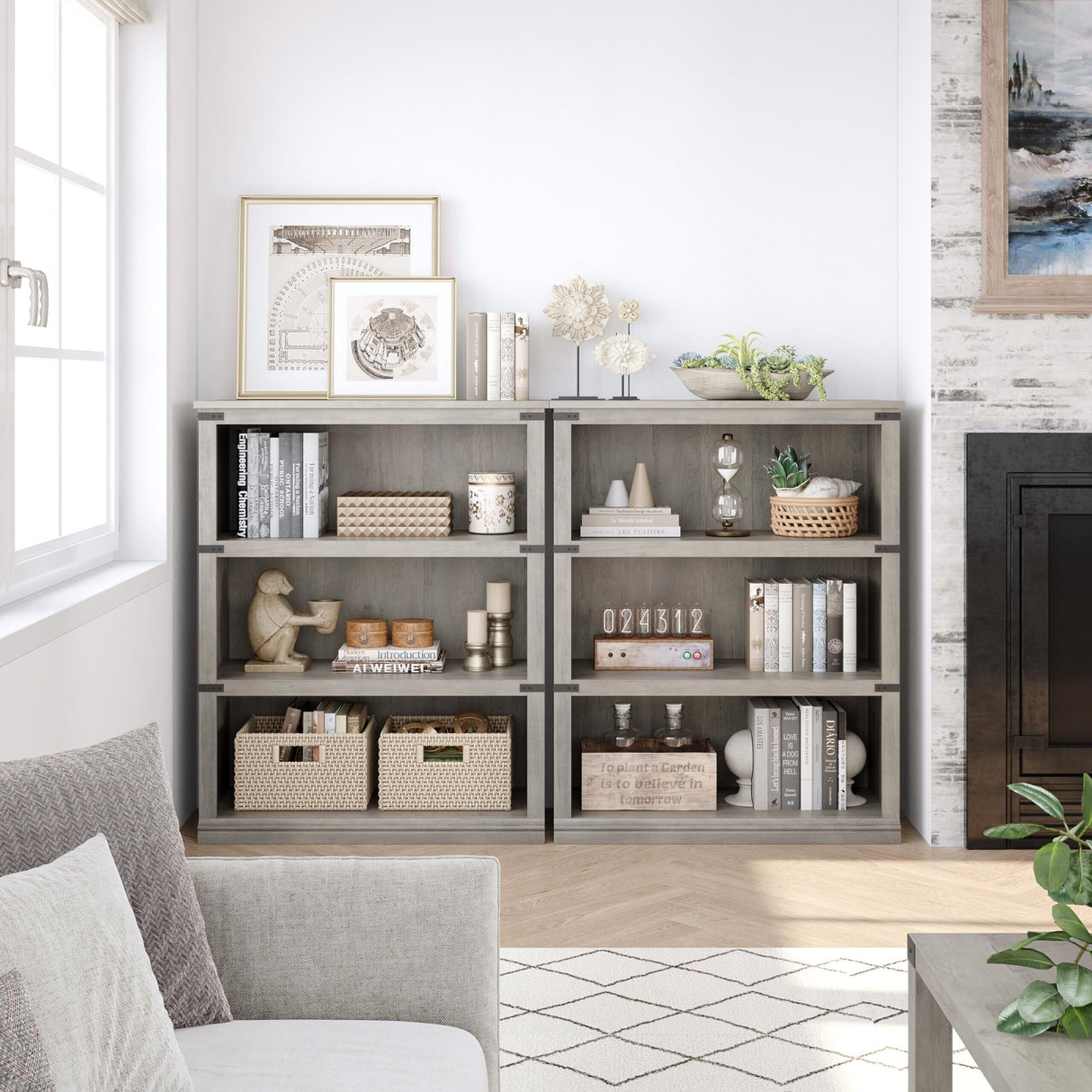 3 Tier Bookcase, Farmhouse Book Shelf with Storage