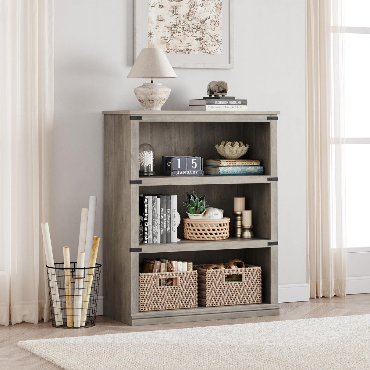 3 Tier Bookcase, Farmhouse Book Shelf with Storage