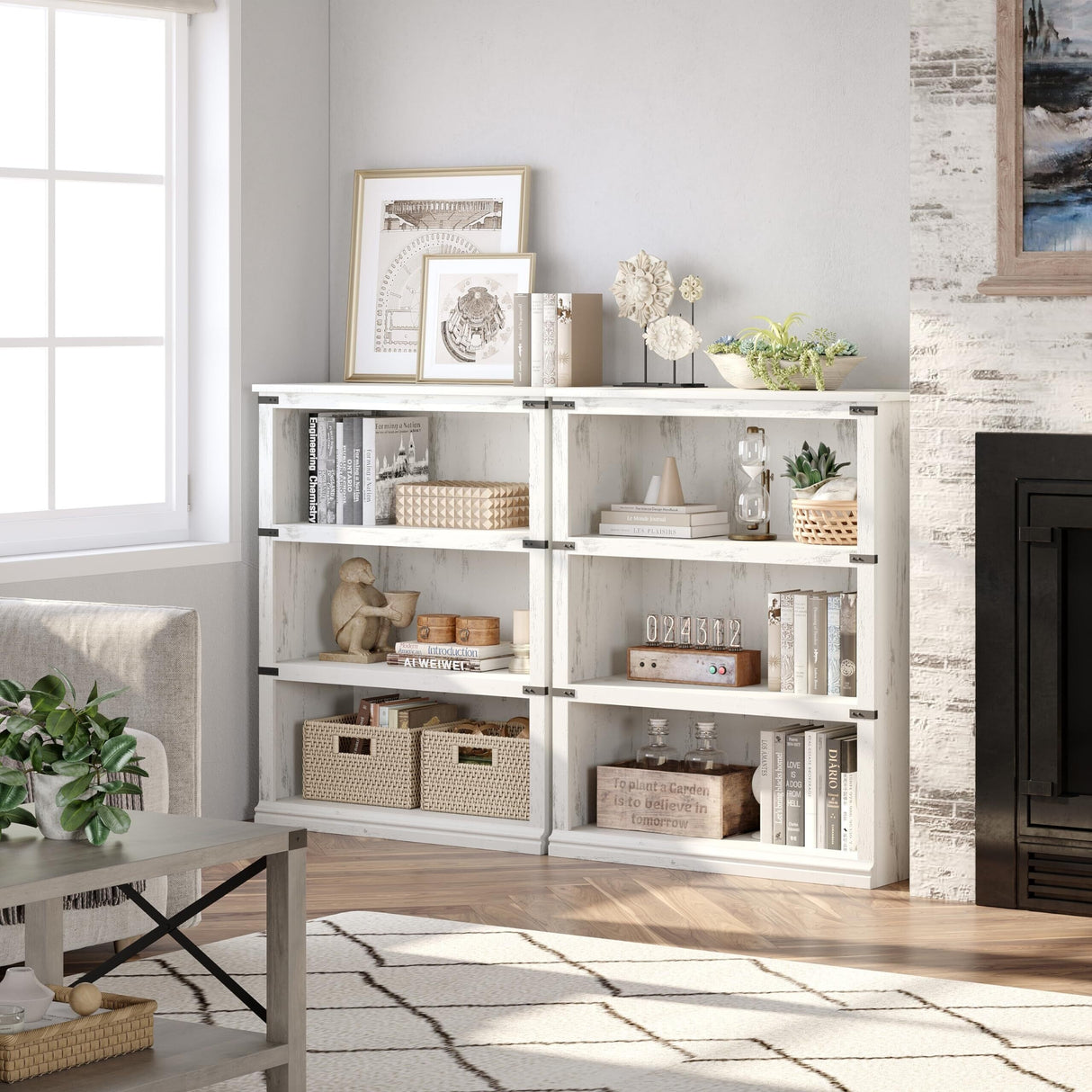 3 Tier Bookcase, Farmhouse Book Shelf with Storage