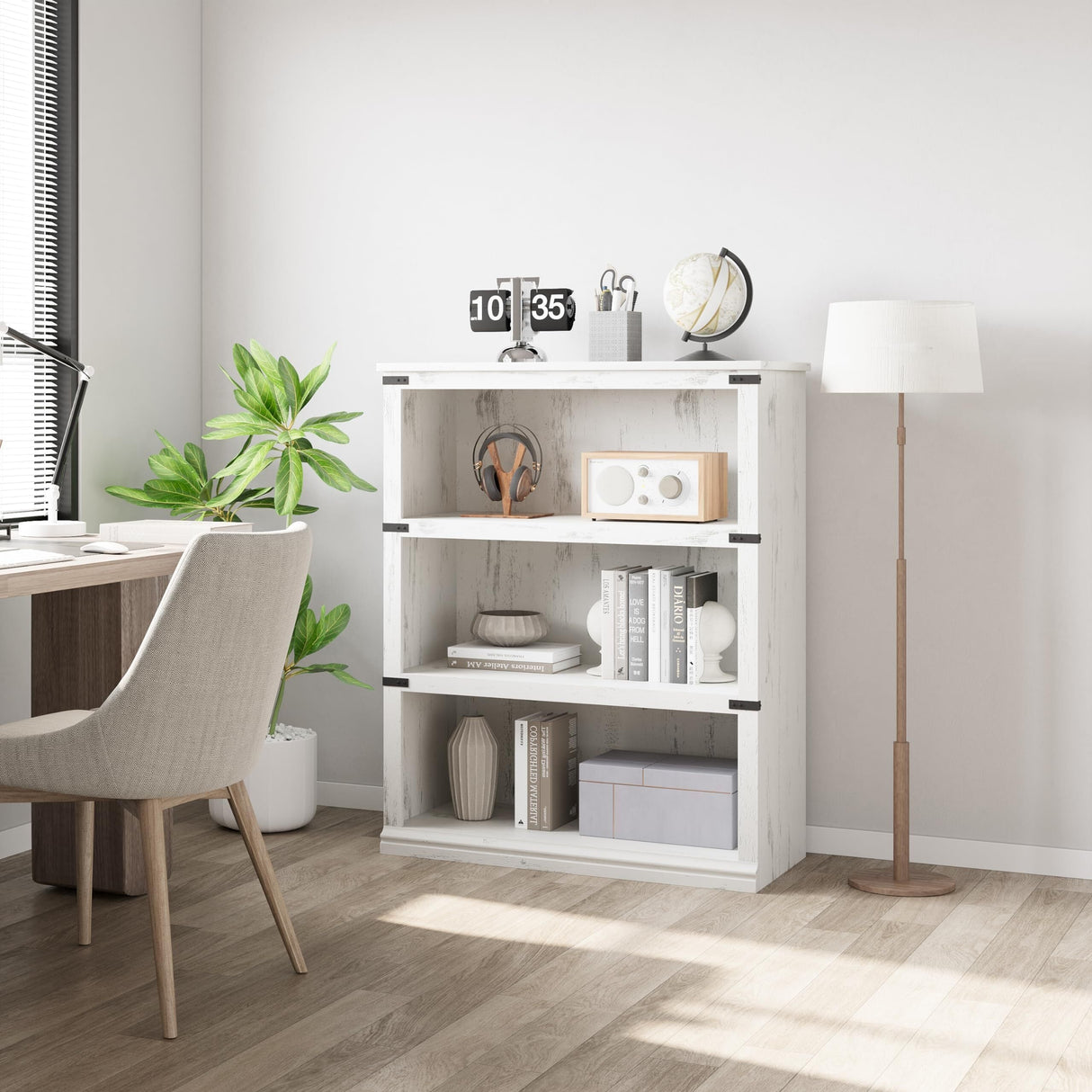 3 Tier Bookcase, Farmhouse Book Shelf with Storage