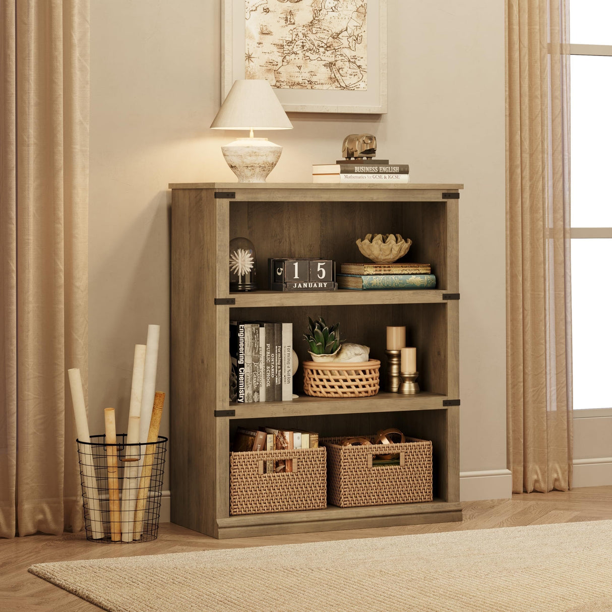 3 Tier Bookcase, Farmhouse Book Shelf with Storage