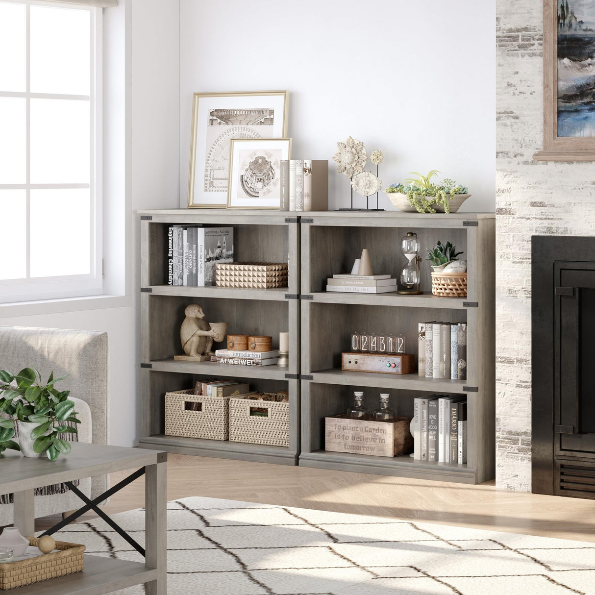 3 Tier Bookcase, Farmhouse Book Shelf with Storage