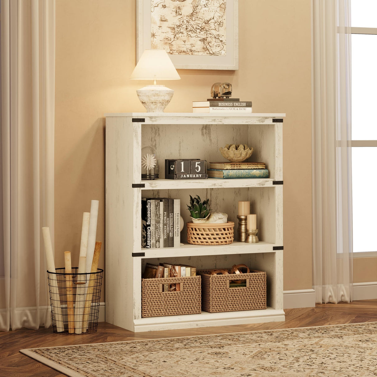 3 Tier Bookcase, Farmhouse Book Shelf with Storage