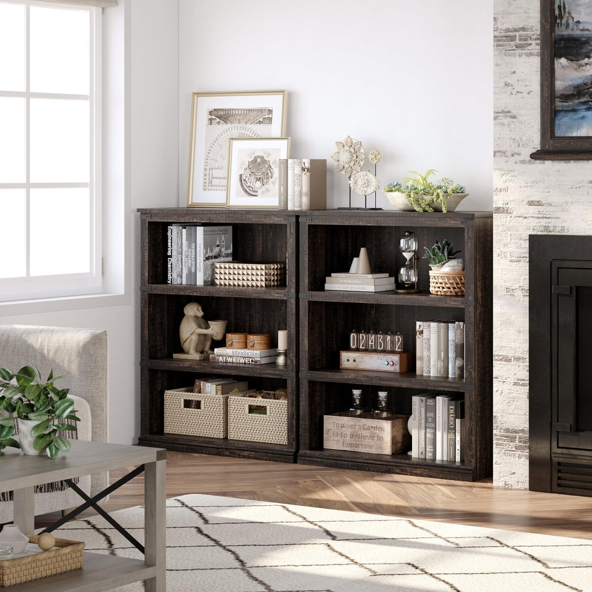 3 Tier Bookcase, Farmhouse Book Shelf with Storage