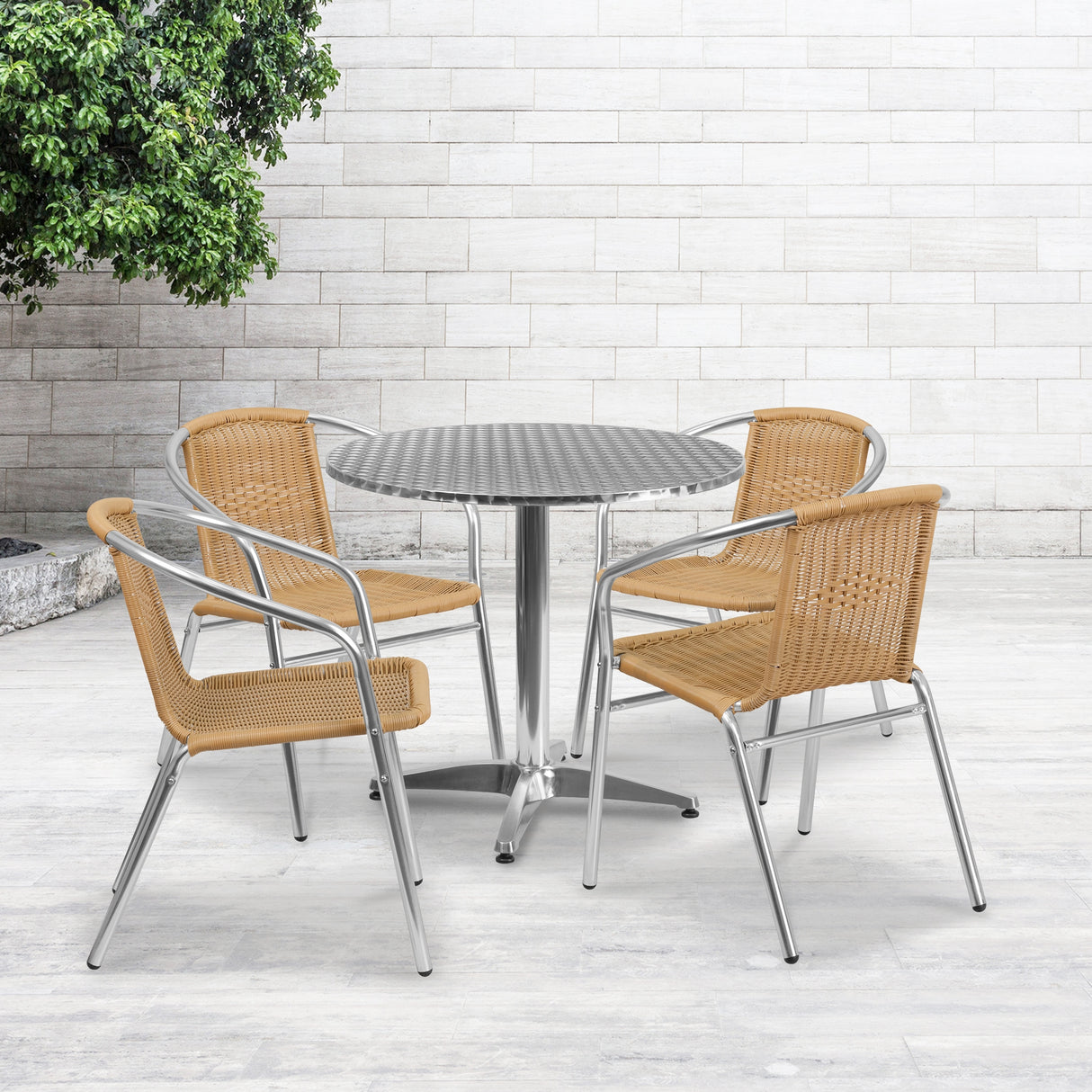 31.5'' Round Aluminum Indoor-Outdoor Table Set with 4 Rattan Chairs - 31.5"