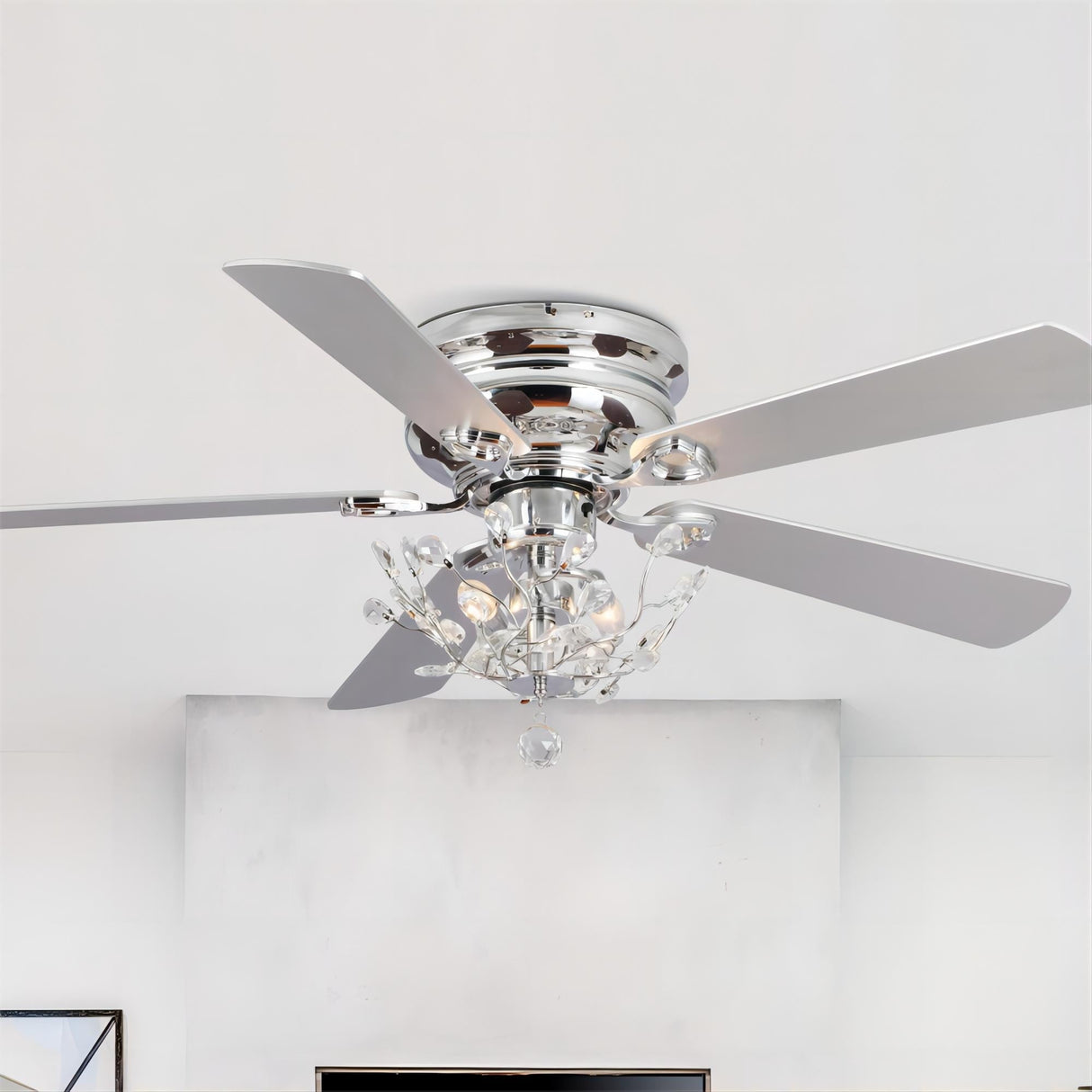 48" Modern Reversible 5-Blade Crystal Flush Mount Ceiling Fan with Remote