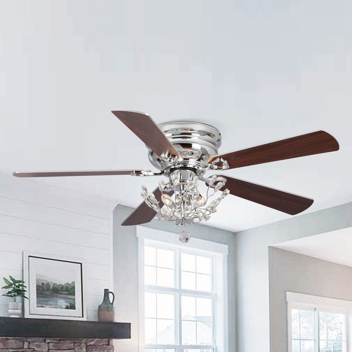 48" Modern Reversible 5-Blade Crystal Flush Mount Ceiling Fan with Remote