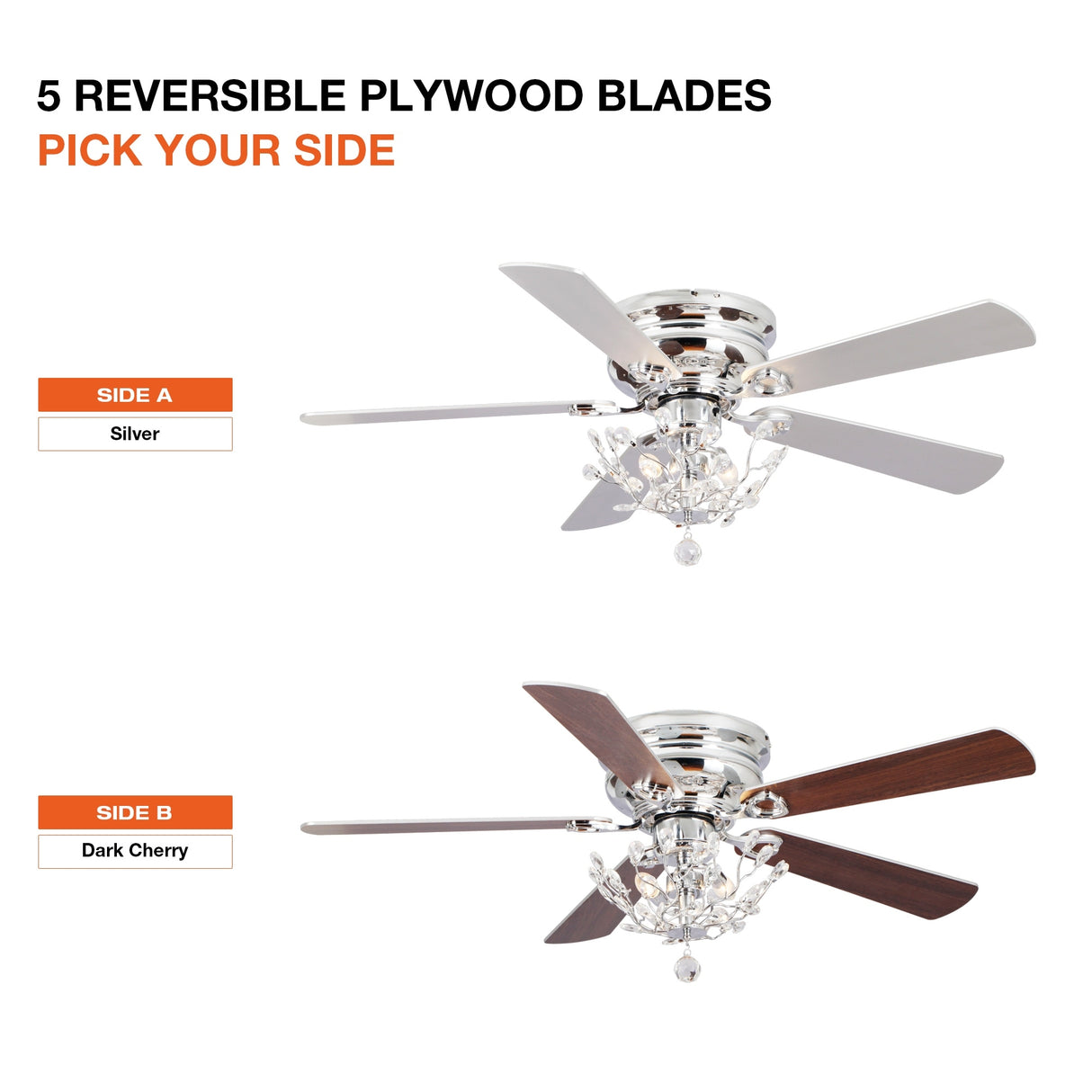 48" Modern Reversible 5-Blade Crystal Flush Mount Ceiling Fan with Remote