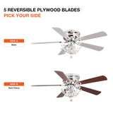 48" Modern Reversible 5-Blade Crystal Flush Mount Ceiling Fan with Remote