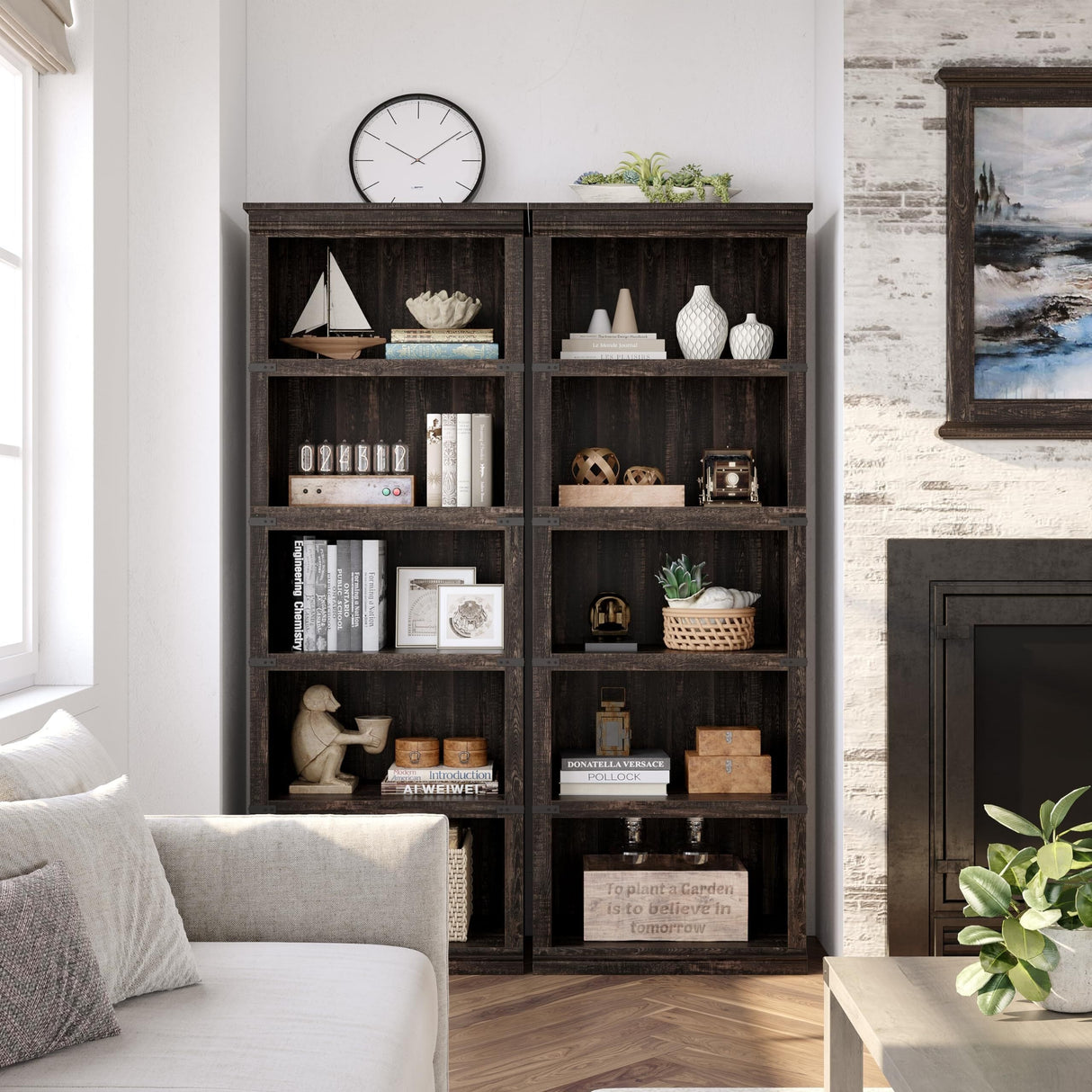 5 Tier Bookcase, Farmhouse Book Shelf with Storage