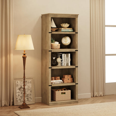 5 Tier Bookcase, Farmhouse Book Shelf with Storage