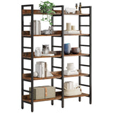 Double Wide Bookshelf, 5-Tier Industrial Etagere Bookcase Free Standing Tall Book Shelf, Rustic Brown