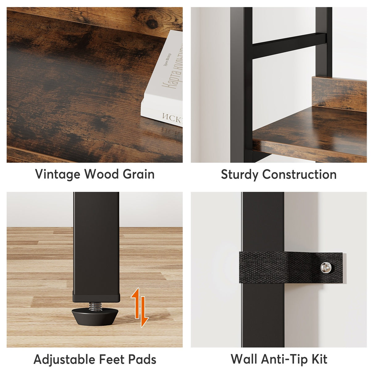 Double Wide Bookshelf, 5-Tier Industrial Etagere Bookcase Free Standing Tall Book Shelf, Rustic Brown