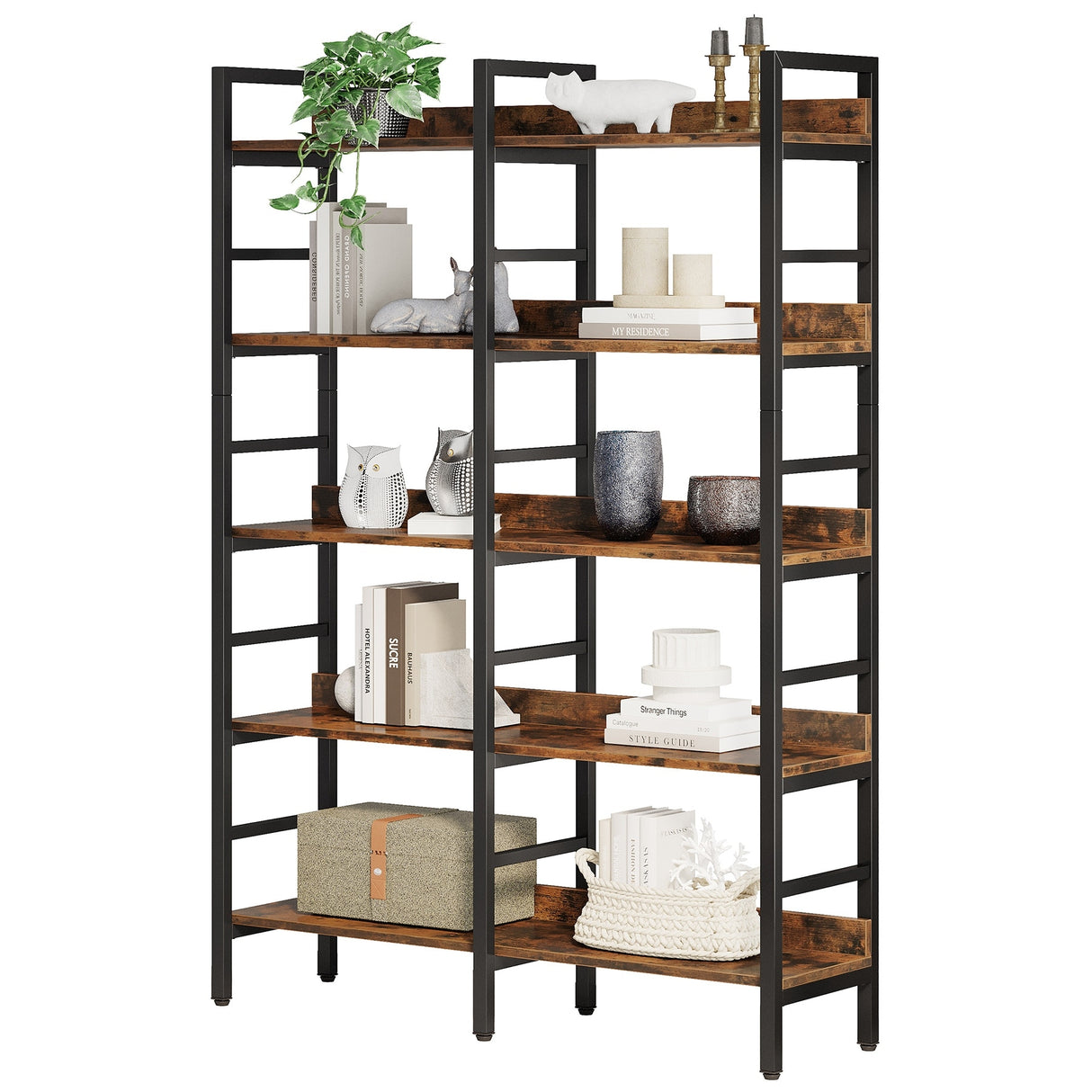Double Wide Bookshelf, 5-Tier Industrial Etagere Bookcase Free Standing Tall Book Shelf, Rustic Brown