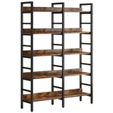 Double Wide Bookshelf, 5-Tier Industrial Etagere Bookcase Free Standing Tall Book Shelf, Rustic Brown