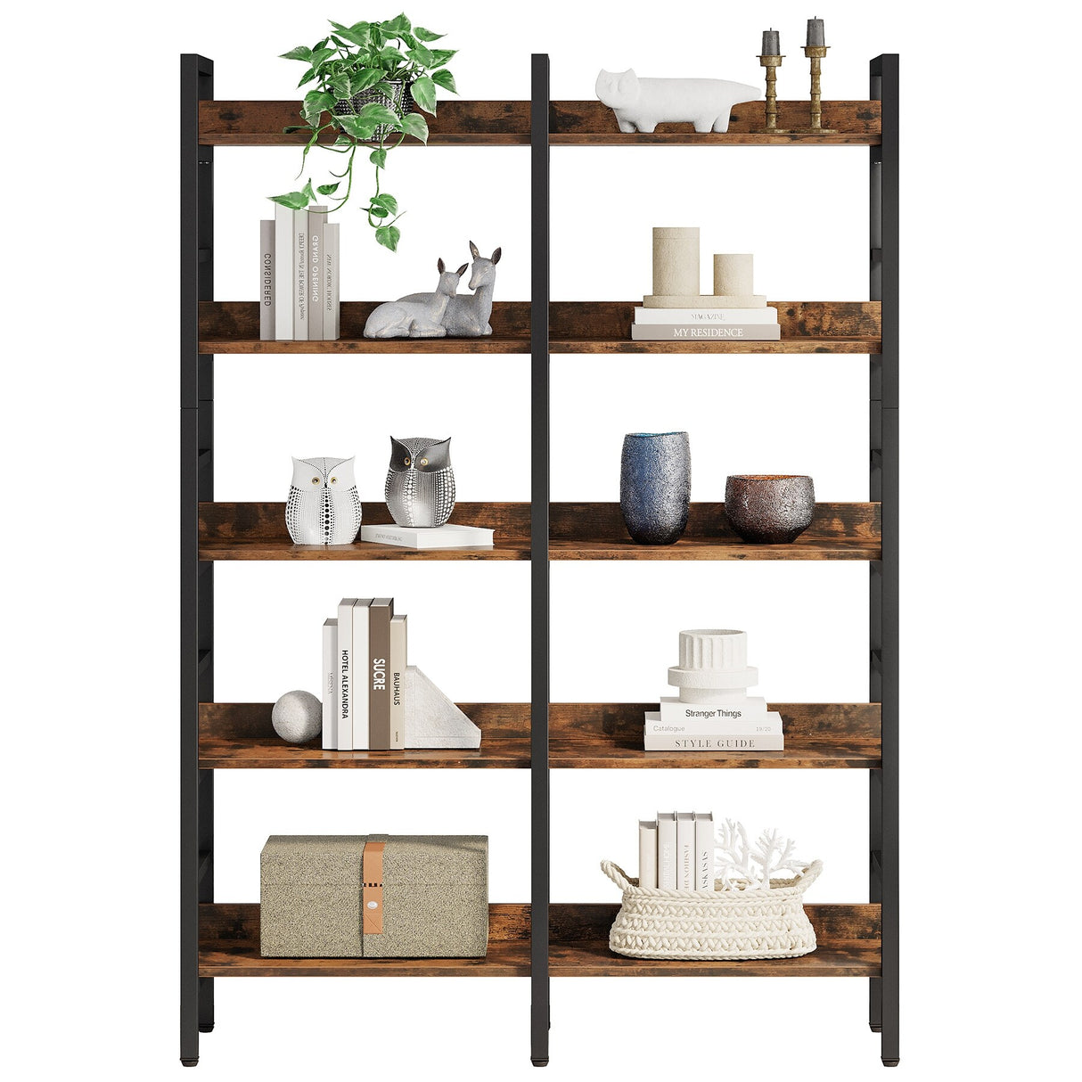 Double Wide Bookshelf, 5-Tier Industrial Etagere Bookcase Free Standing Tall Book Shelf, Rustic Brown