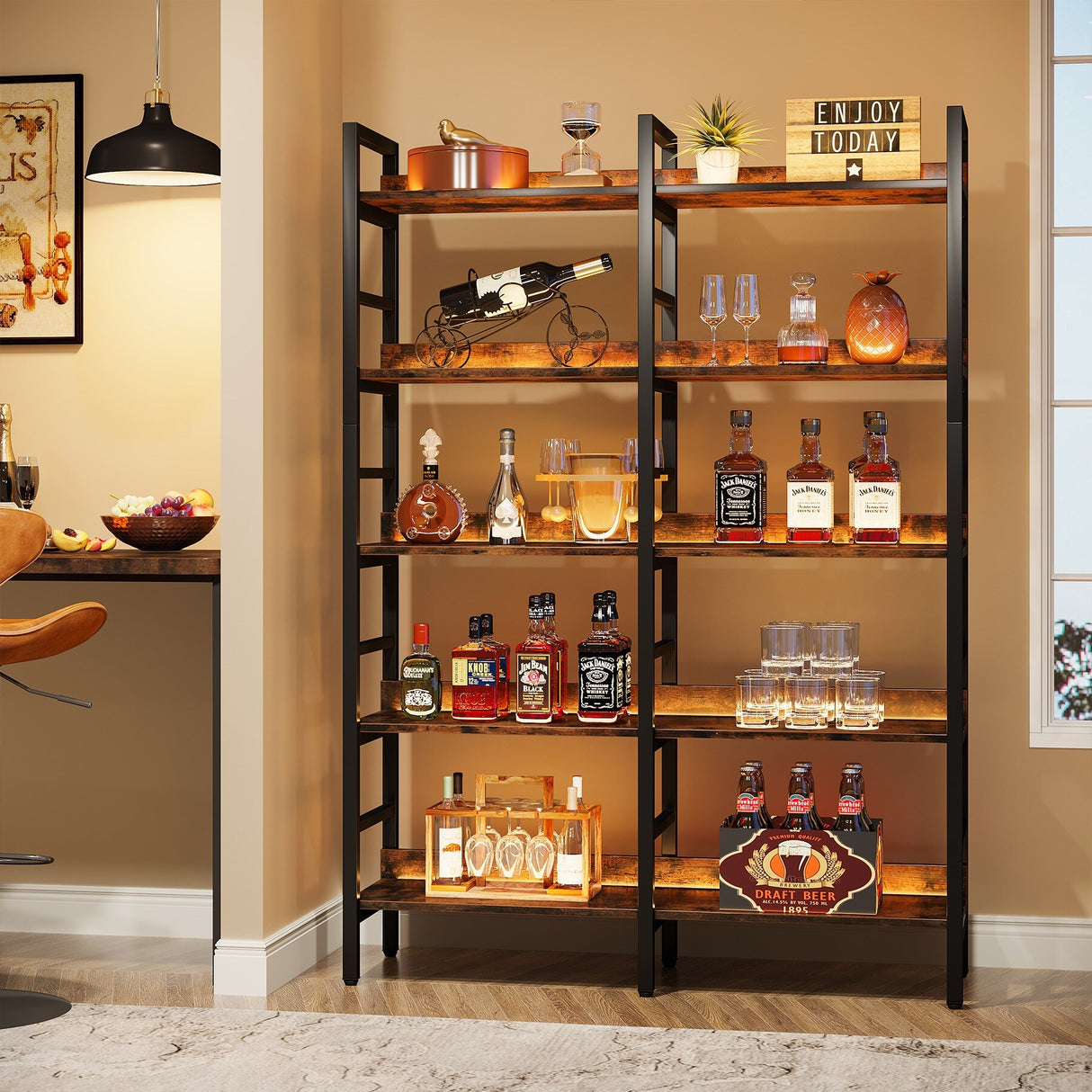 Double Wide Bookshelf, 5-Tier Industrial Etagere Bookcase Free Standing Tall Book Shelf, Rustic Brown