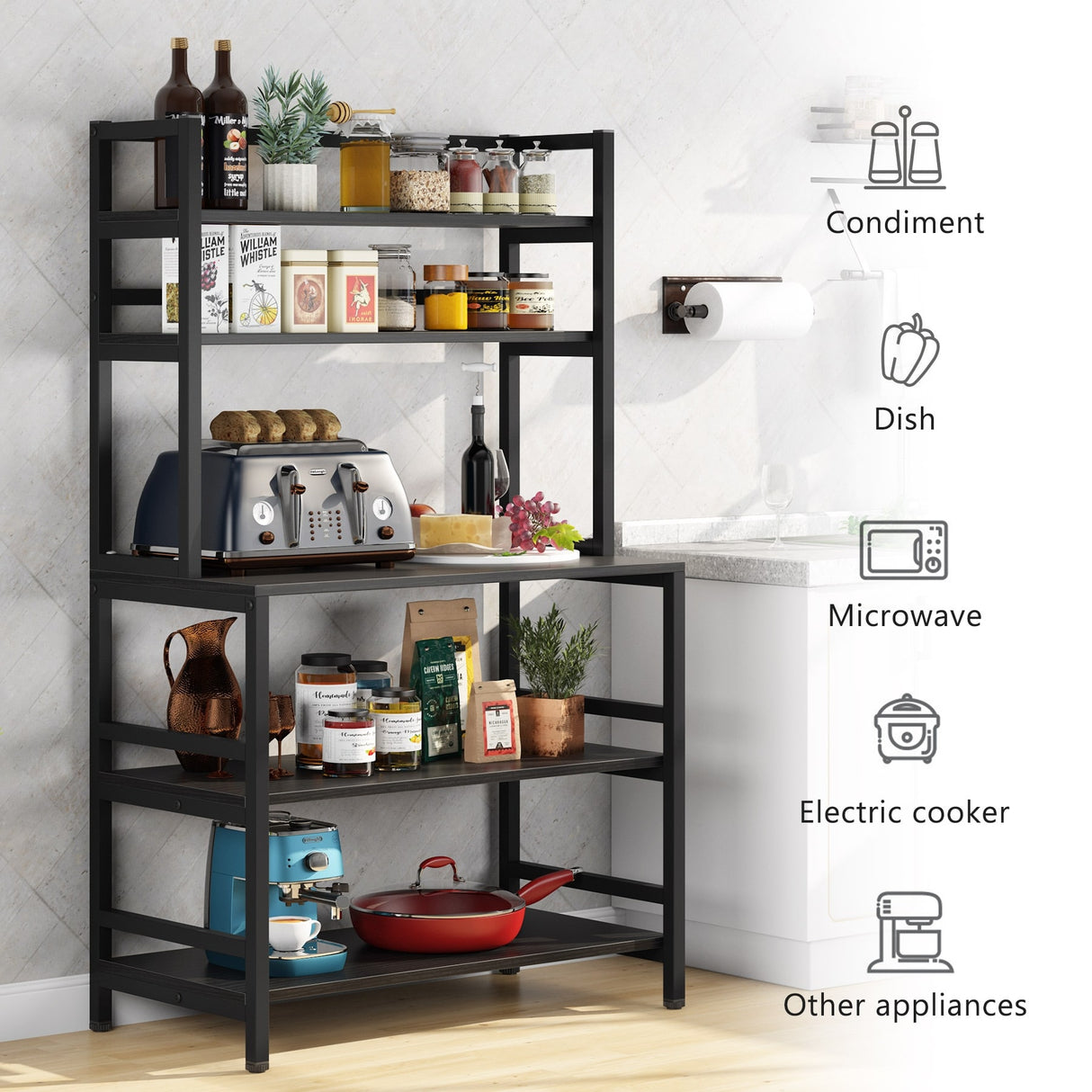 5-Tier Kitchen Bakers Rack Utility Storage Shelf Microwave Oven Stand, Industrial Microwave Cart Kitchen Stand with Hutch