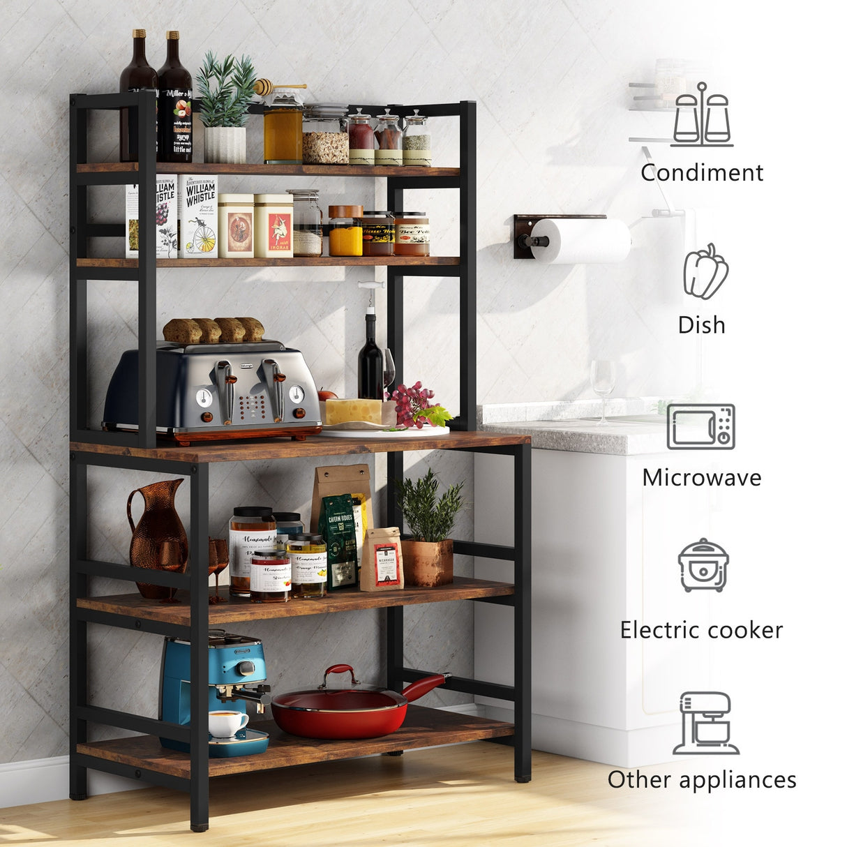 5-Tier Kitchen Bakers Rack Utility Storage Shelf Microwave Oven Stand, Industrial Microwave Cart Kitchen Stand with Hutch