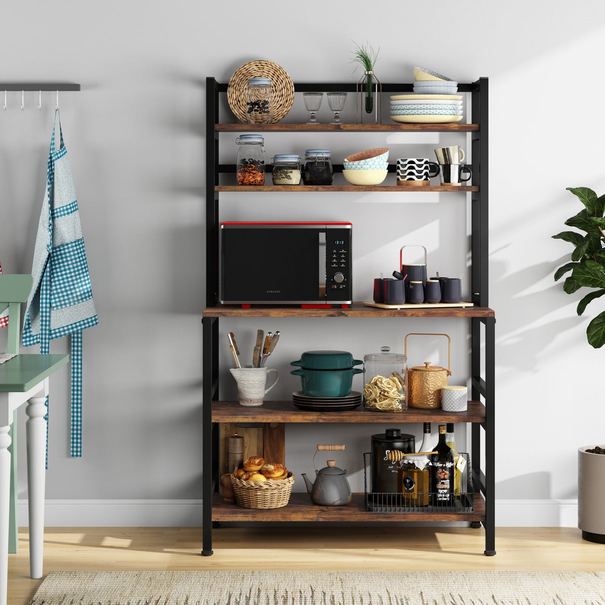 5-Tier Kitchen Bakers Rack Utility Storage Shelf Microwave Oven Stand, Industrial Microwave Cart Kitchen Stand with Hutch