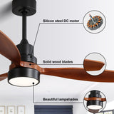 52" and 60" Noiseless Walnut Wood Ceiling Fan with Remote Control,Light Integrated Optional - 52 Inch