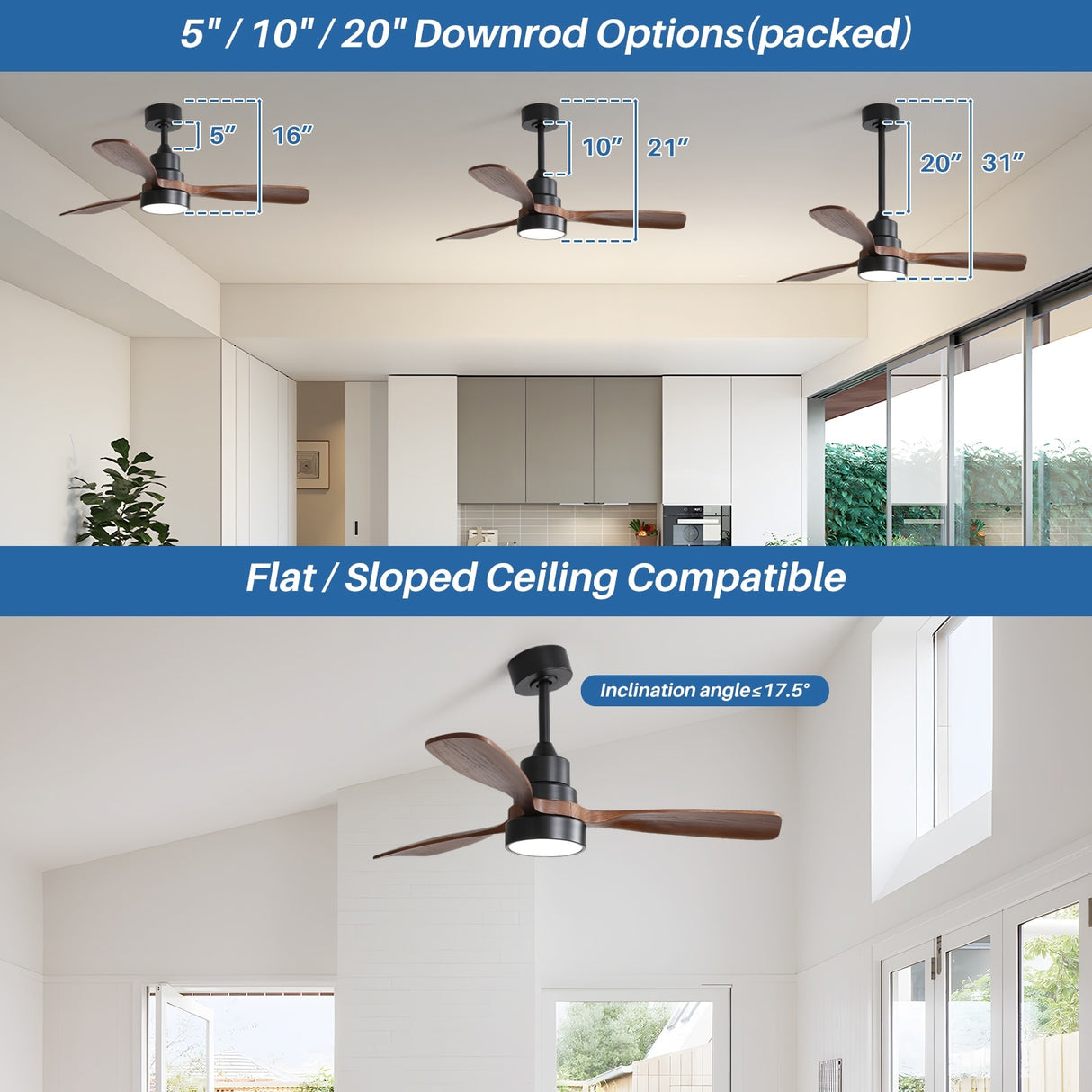 52" and 60" Noiseless Walnut Wood Ceiling Fan with Remote Control,Light Integrated Optional - 52 Inch