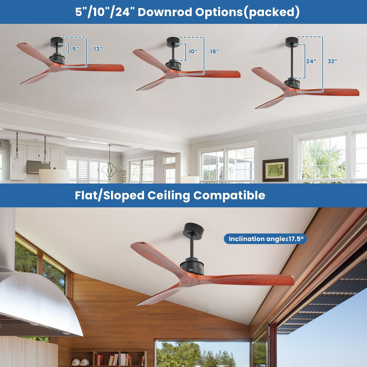 52" and 60" Noiseless Walnut Wood Ceiling Fan with Remote Control,Light Integrated Optional - 52 Inch