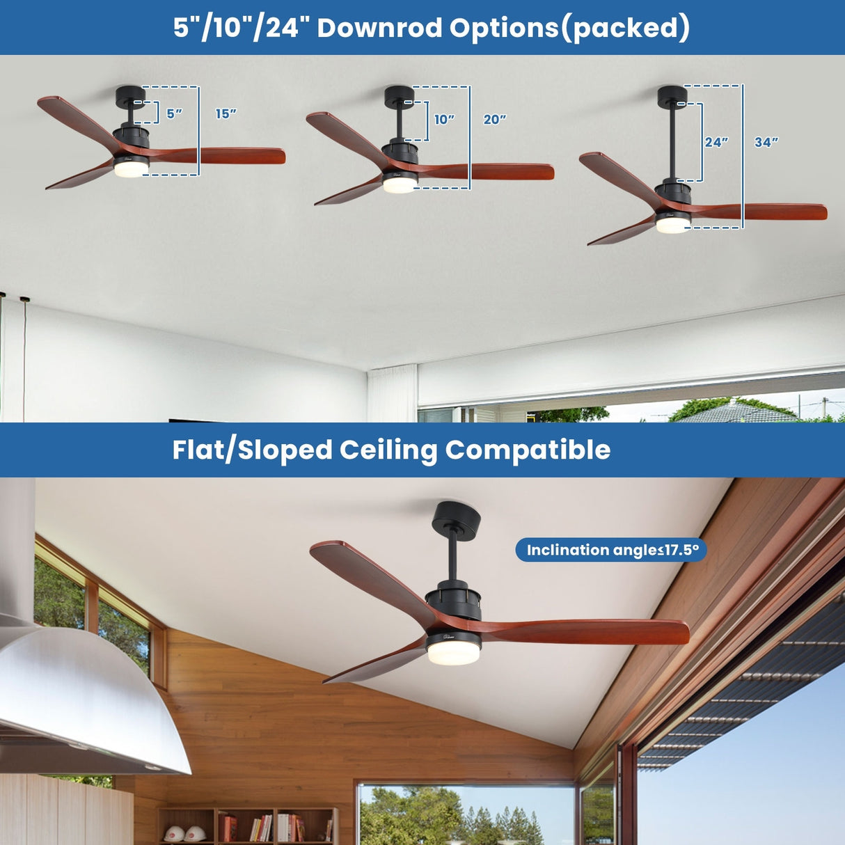 52" and 60" Noiseless Walnut Wood Ceiling Fan with Remote Control,Light Integrated Optional - 52 Inch