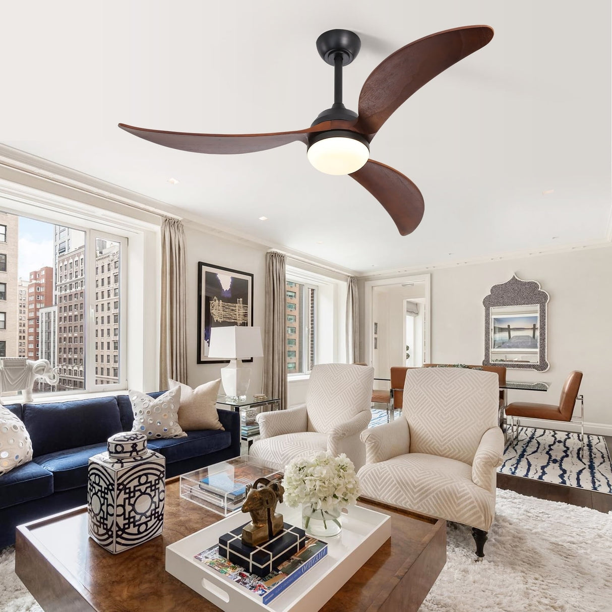 52" and 60" Noiseless Walnut Wood Ceiling Fan with Remote Control,Light Integrated Optional - 52 Inch