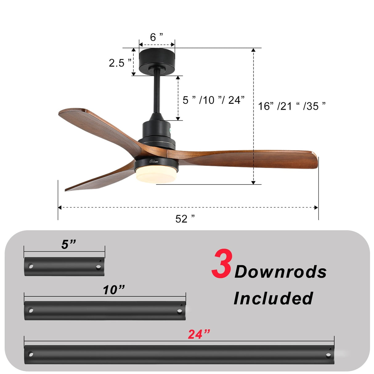 52" and 60" Noiseless Walnut Wood Ceiling Fan with Remote Control,Light Integrated Optional - 52 Inch