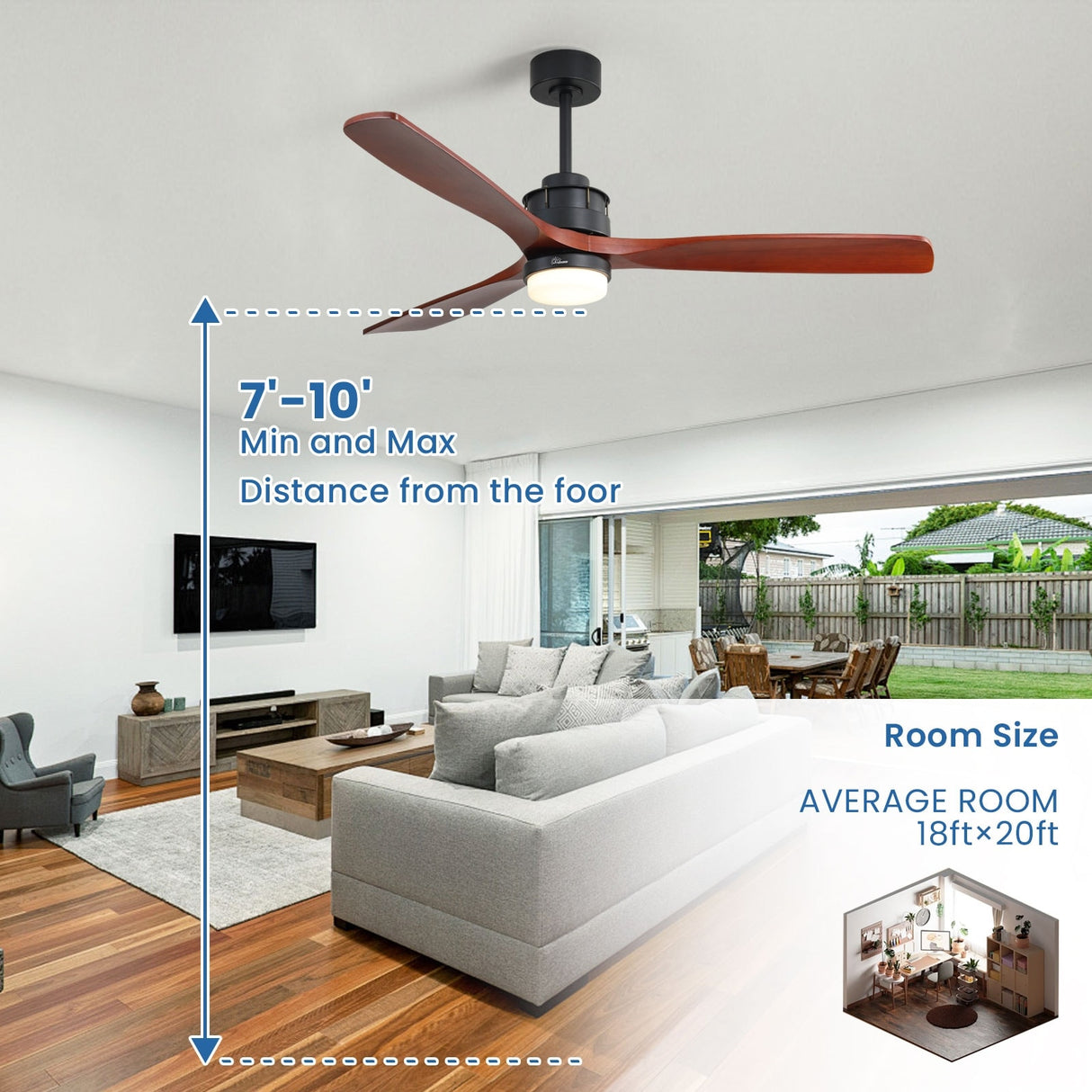 52" and 60" Noiseless Walnut Wood Ceiling Fan with Remote Control,Light Integrated Optional - 52 Inch