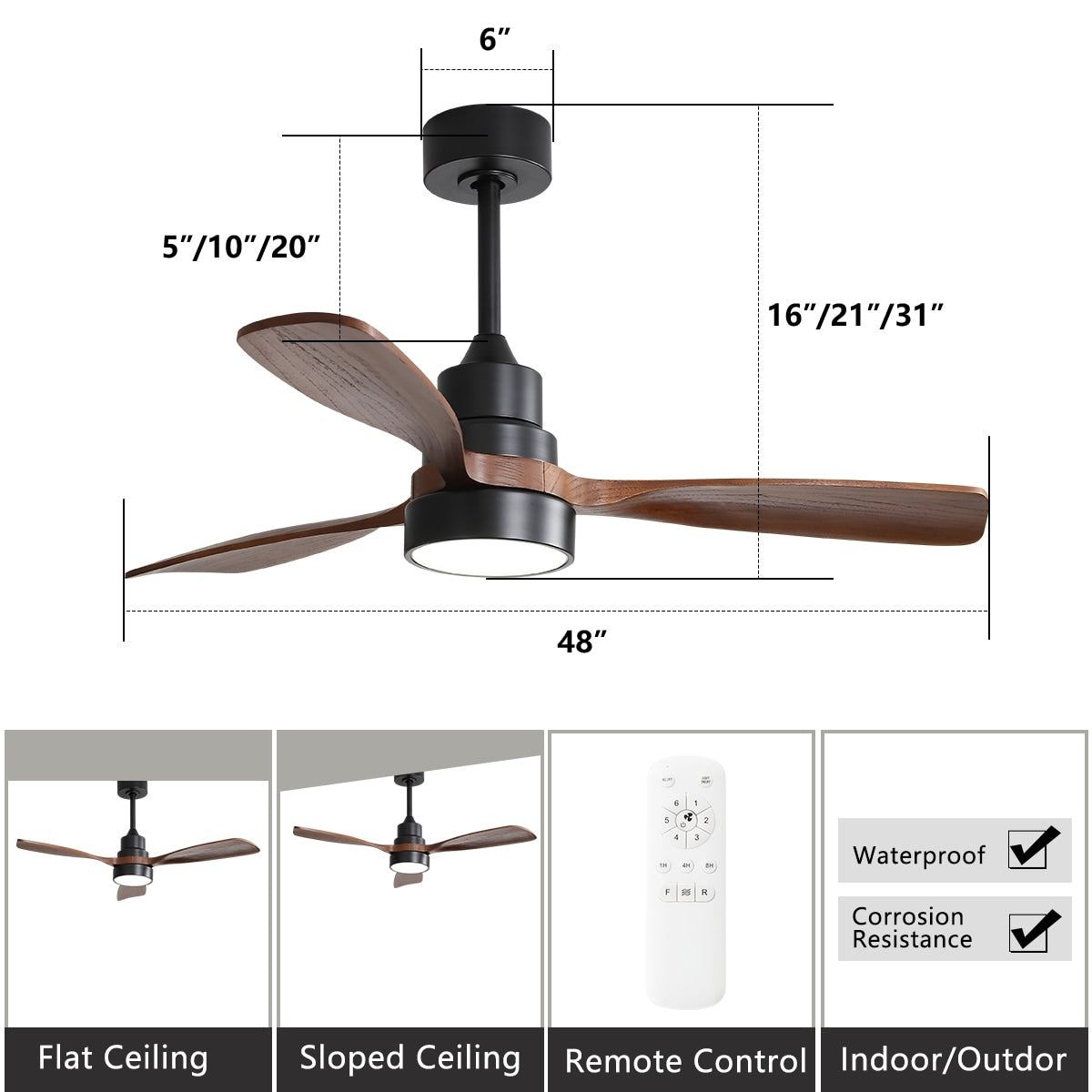 52" and 60" Noiseless Walnut Wood Ceiling Fan with Remote Control,Light Integrated Optional - 52 Inch