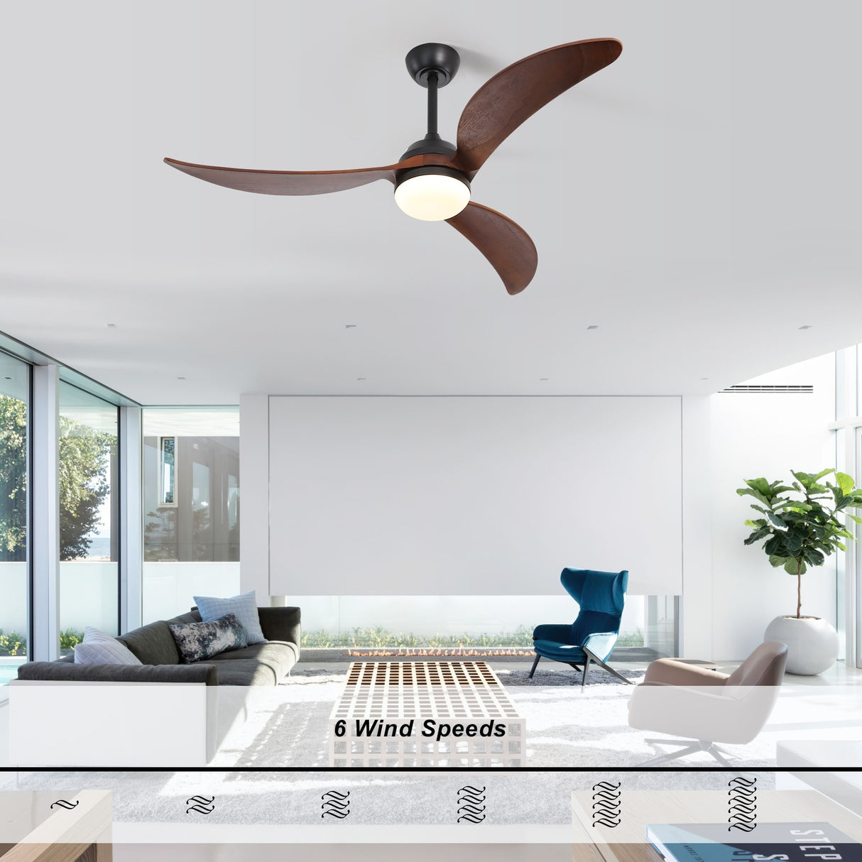 52" and 60" Noiseless Walnut Wood Ceiling Fan with Remote Control,Light Integrated Optional - 52 Inch