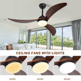 52" and 60" Noiseless Walnut Wood Ceiling Fan with Remote Control,Light Integrated Optional - 52 Inch