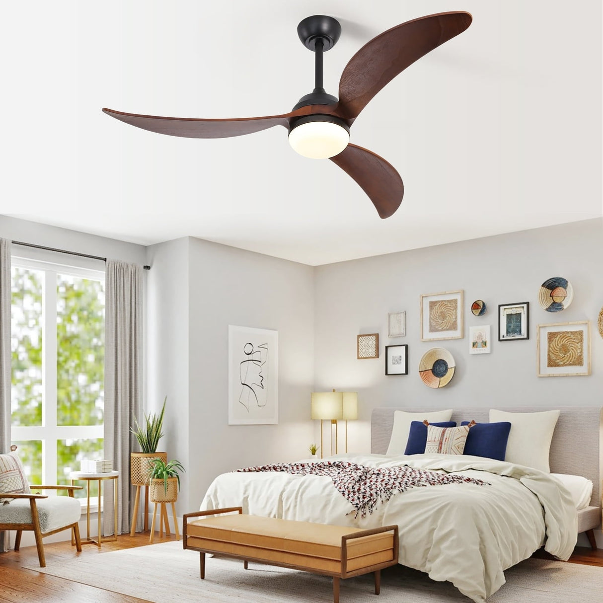 52" and 60" Noiseless Walnut Wood Ceiling Fan with Remote Control,Light Integrated Optional - 52 Inch