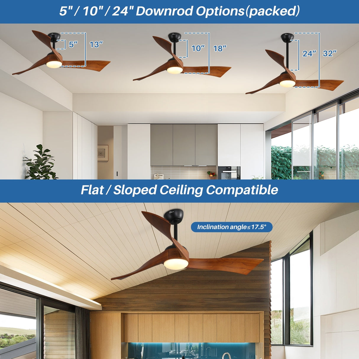 52" and 60" Noiseless Walnut Wood Ceiling Fan with Remote Control,Light Integrated Optional - 52 Inch