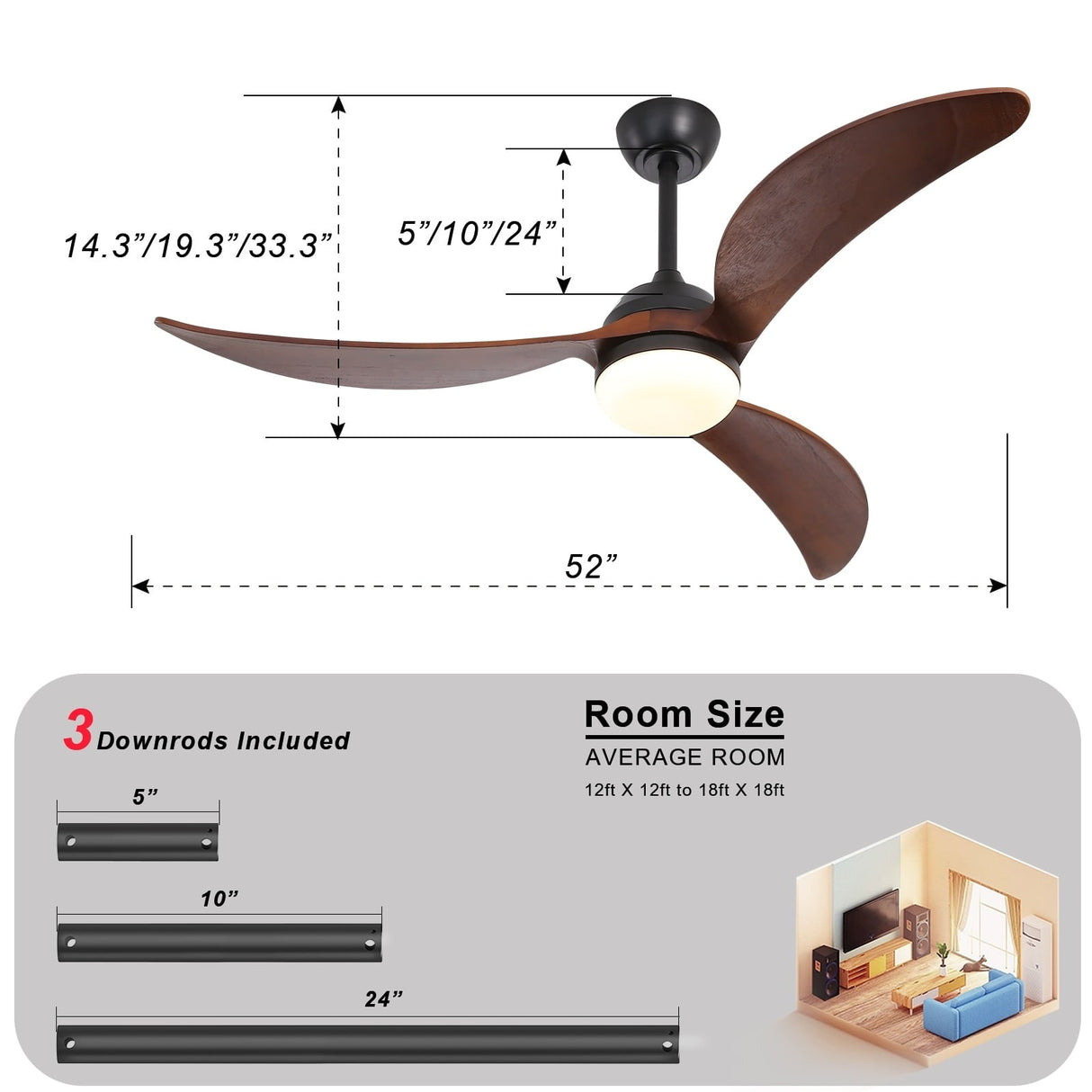 52" and 60" Noiseless Walnut Wood Ceiling Fan with Remote Control,Light Integrated Optional - 52 Inch